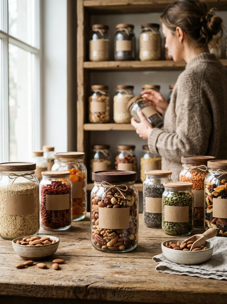 Illustration of assorted health food products on a rustic wooden table.