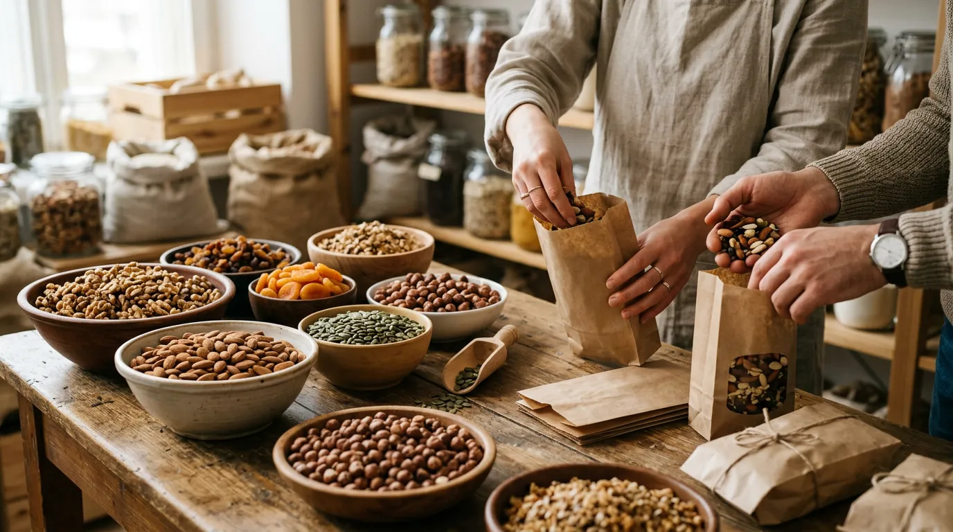 Illustration of hands packing organic nuts, seeds, and dried fruits into paper bags.